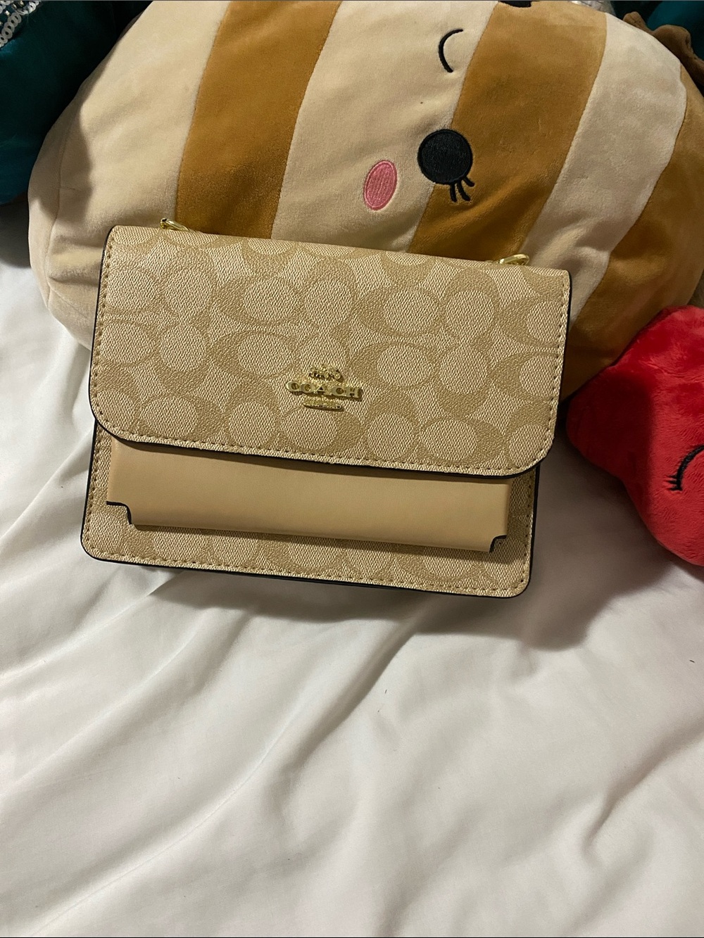Coach Beige Signature Canvas Crossbody with Tan Leather Trim